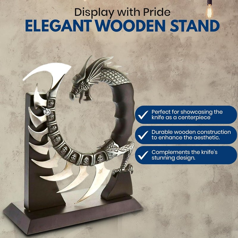 Rite Edge 8.5" Dragon Spine Decorative Knife Set – Circular Dragon Design with Satin Blades, Zinc Alloy Handle, and Wooden Display Stand – Unique Collectible - Image 5